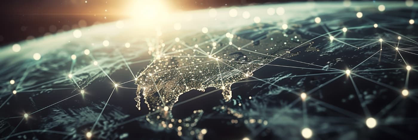 Glowing network connections over the globe at sunrise — international perspectives